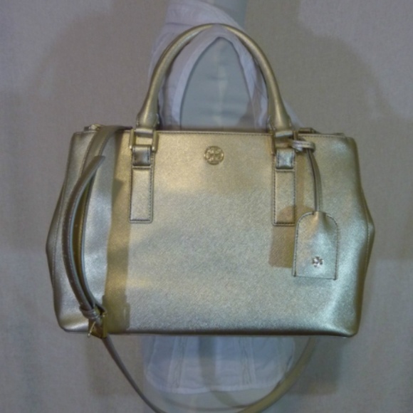 NEW Tory Burch Robinson Gold Saffiano Leather Mini Double-Zip Tote/Shoulder Bag - Picture 5 of 14